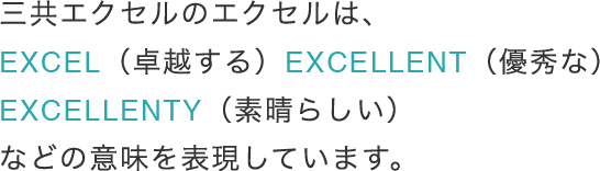 三共エクセルのエクセルは、EXCEL（卓越する）EXCELLENT（優秀な）EXCELLENTY（素晴らしい）などの意味を表現しています。